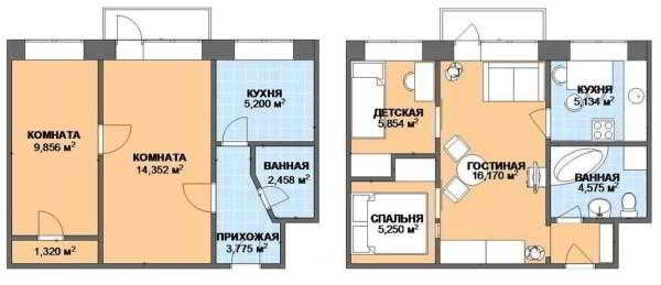 Варианты переделки хрущевок: 1, 2, 3, 4 — х комнатные, фото до и после